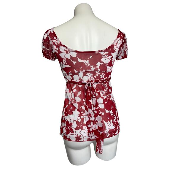 y2k Hot Kiss Babydoll Mesh Top Size Small Puff Sleeve Tie Back Floral Red Fairy - Picture 6 of 9